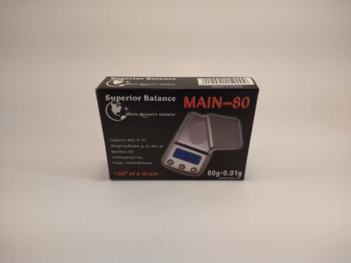Superior Balance Main-80 Electronic Scale. 80 gram max capacity Electronic Scale with Backlit LCD Display, accurate to 1/100th of a gram.