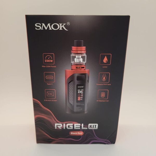 The Rigel Kit is a medium sized vape mod with a powerful TFV9 tank and has a max power of 230 watts. Takes 2 external 18650 batteries.