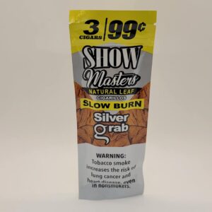 Show Masters Silver Grab Slow Burn Natural Leaf Cigarillos 3 pack for 99 cents.